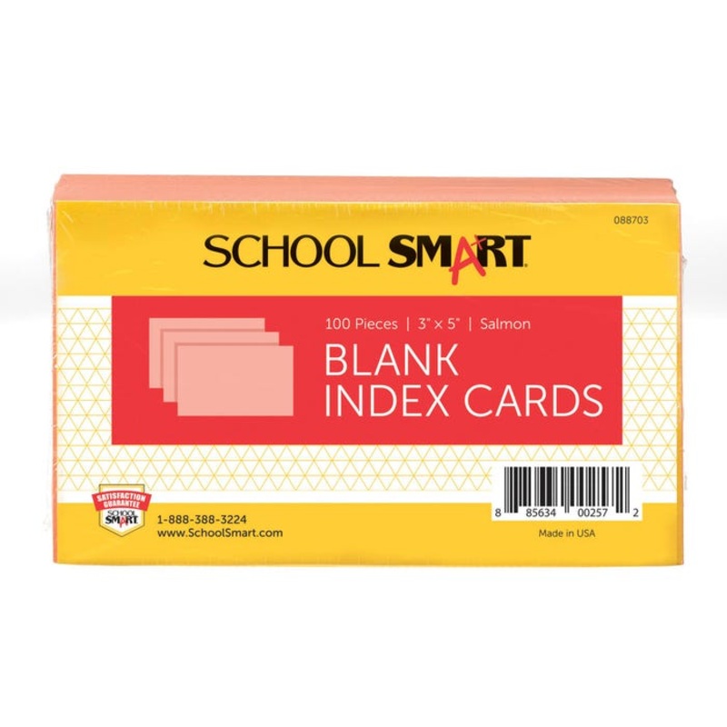 School Smart Blank Plain Index Card, 3 x 5 Inches, Salmon, Pack of 100