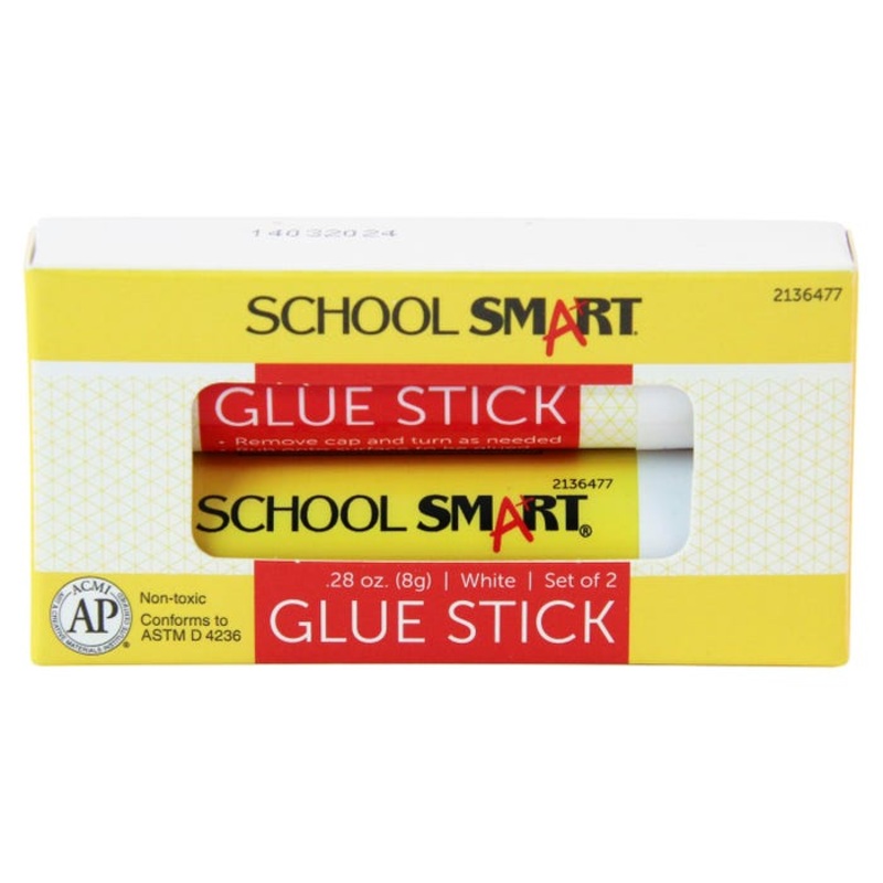 School Smart Glue Sticks, 0.28 Ounces, White and Dries Clear, Set of 2