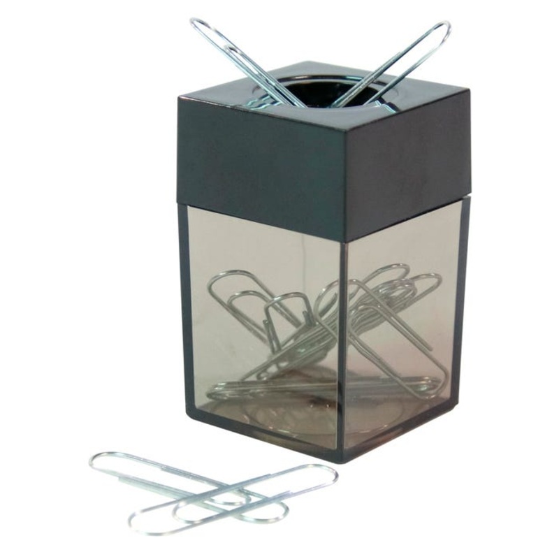 School Smart Magnetic Paper Clip Dispenser, 1-5/8 x 1-5/8 x 2-3/4 Inches, Smoke Base, Black Top