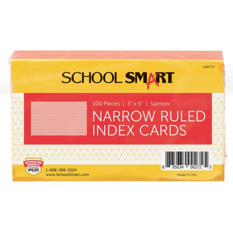 School Smart Ruled Index Cards, 3 x 5 Inches, Salmon, Pack of 100