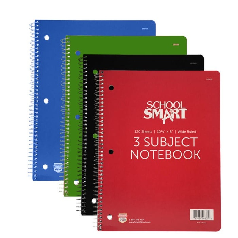 School Smart Spiral Perforated 3 Subject Wide Ruled Notebook, 10-1/2 x 8 Inches