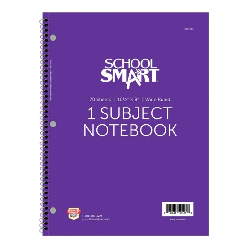 School Smart Wide Ruled Spiral Notebook, 8 x 10-1/2 Inches, 1 Subject, Purple, 70 Sheets