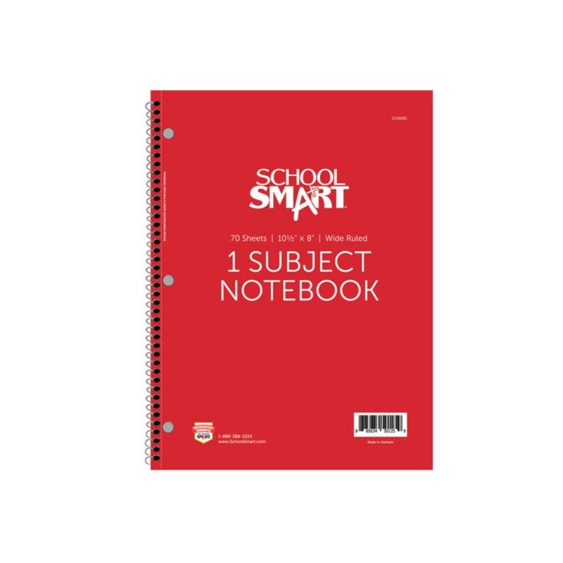 School Smart Wide Ruled Spiral Notebook, 8 x 10-1/2 Inches, 1 Subject, Red, 70 Sheets