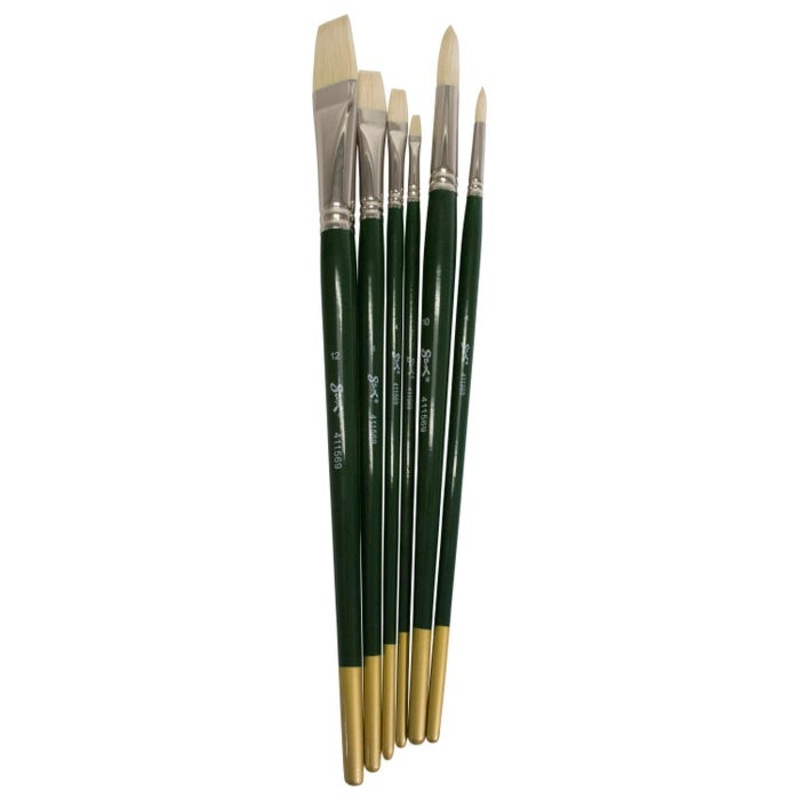 Sax Olympia Interlocked Hog Hair Bristle Paint Brushes Long, Assorted Sizes, Set of 6