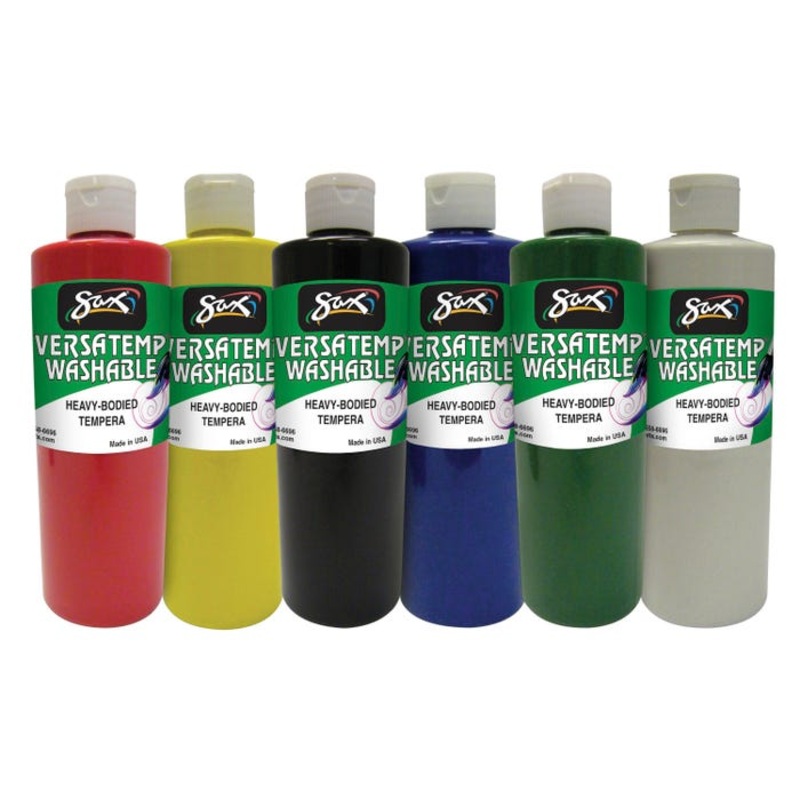 Sax Versatemp Washable Heavy-Bodied Tempera Paint, 1 Quart Bottles, Assorted Colors, Set of 6
