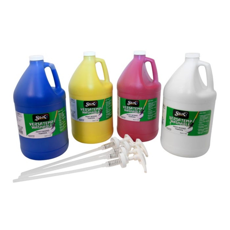 Sax Versatemp Washable Heavy-Bodied Tempera Paint with Pumps, 1 Gallon Bottles, Assorted Colors, Set of 4