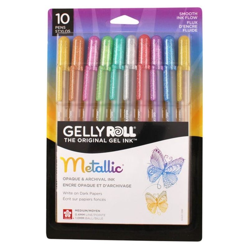Sakura Gelly Roll Metallic Pens, 1 mm Tip, Assorted Colors, Set of 10