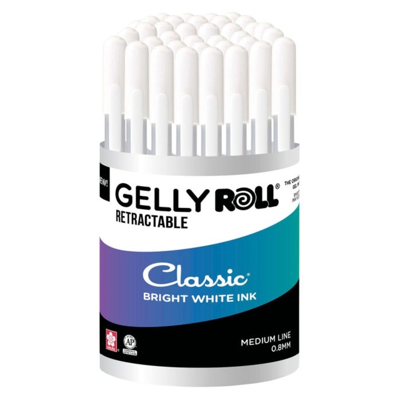 Sakura Gelly Roll Retractable Pen Cup Display, 0.8 mm Medium, White, Set of 36
