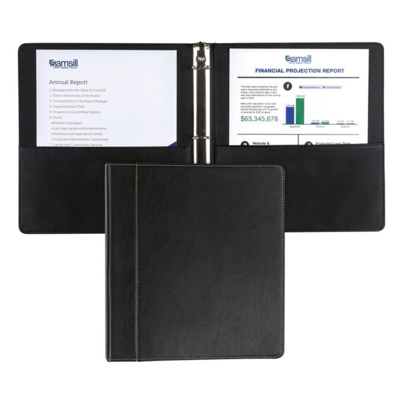 Samsill Contrast Stitched Leather 3 Ring Binder, 8-1/2 x 11 Inches, Black