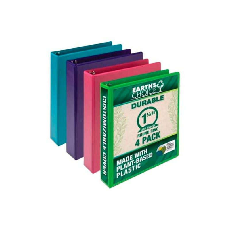 Samsill Earth Choice Fashion View Binder, Round Ring, 1-1/2 Inches, Assorted Color, Pack of 4