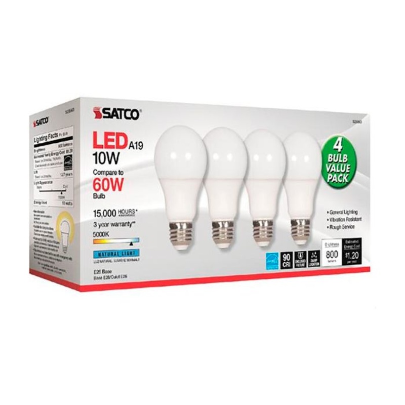 Satco 10 Watt A19 LED 5000K Light Bulbs, Pack of 4