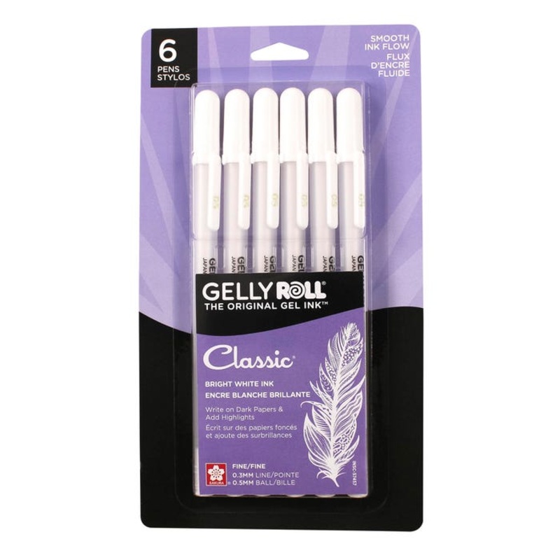 Sakura Gelly Roll Classic Gel Pens, 0.5 mm Fine Tip, White, Pack of 6
