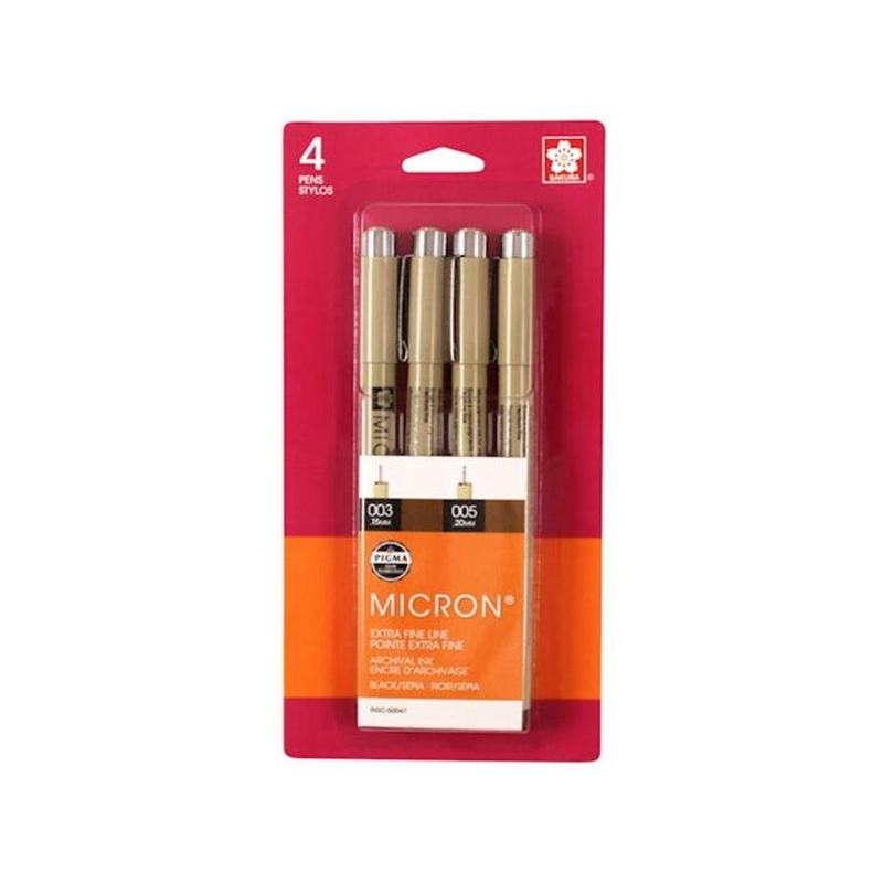 Sakura Pigma Micron 003/005 Pens, Black and Sepia, Set of 4