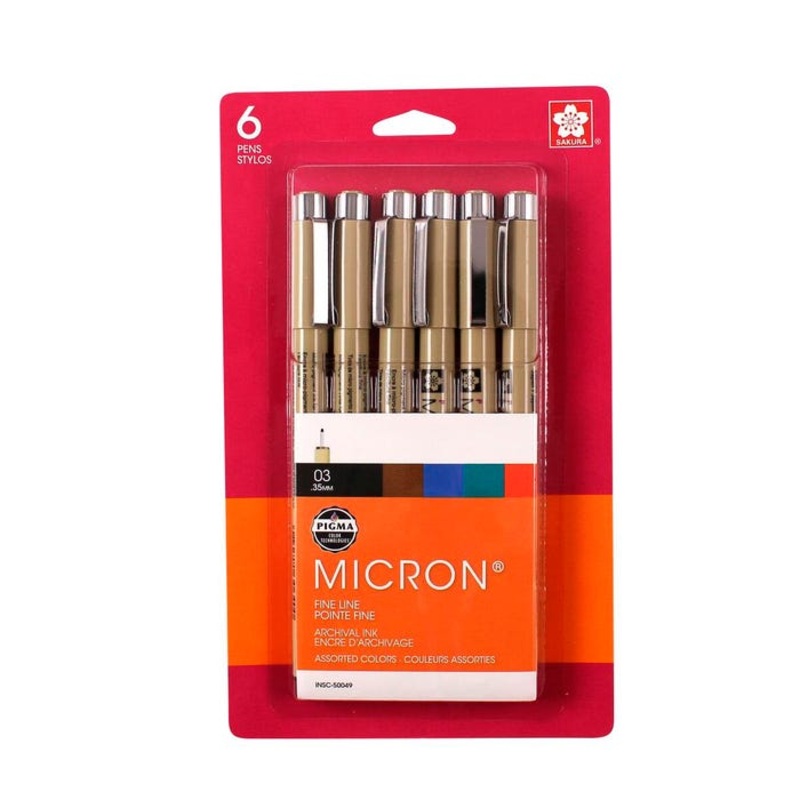 Sakura Pigma Micron 03 Pens, Assorted Colors, Set of 6