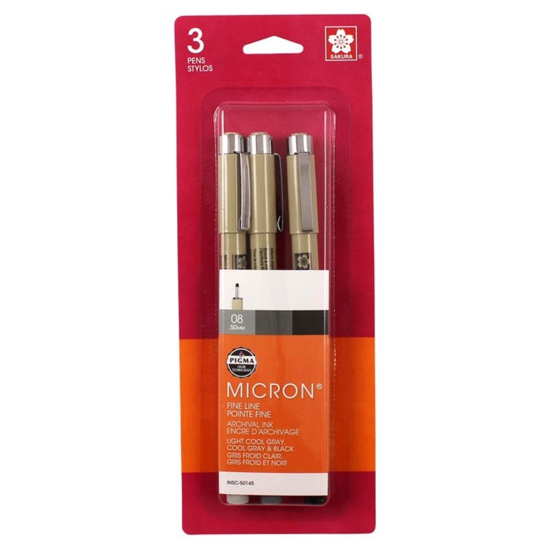 Sakura Pigma Micron Grays and Black, 0.8 mm Medium, Set of 3