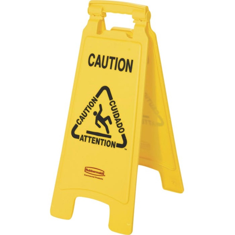 Rubbermaid Double Sided Foldable Light-Weight Multi-Lingual Safety Sign, 11 in W X 25 in H Open, Caution Wet Floor, Yellow