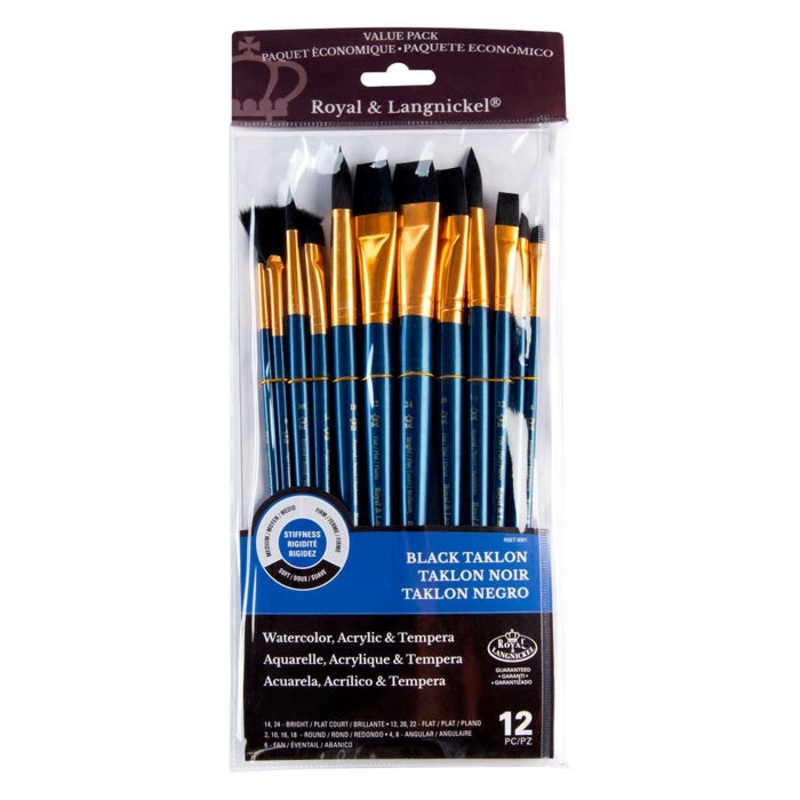 Royal & Langnickel Zip N' Close Soft Black Taklon Long Wood Handle Paint Brush Set, Set of 12