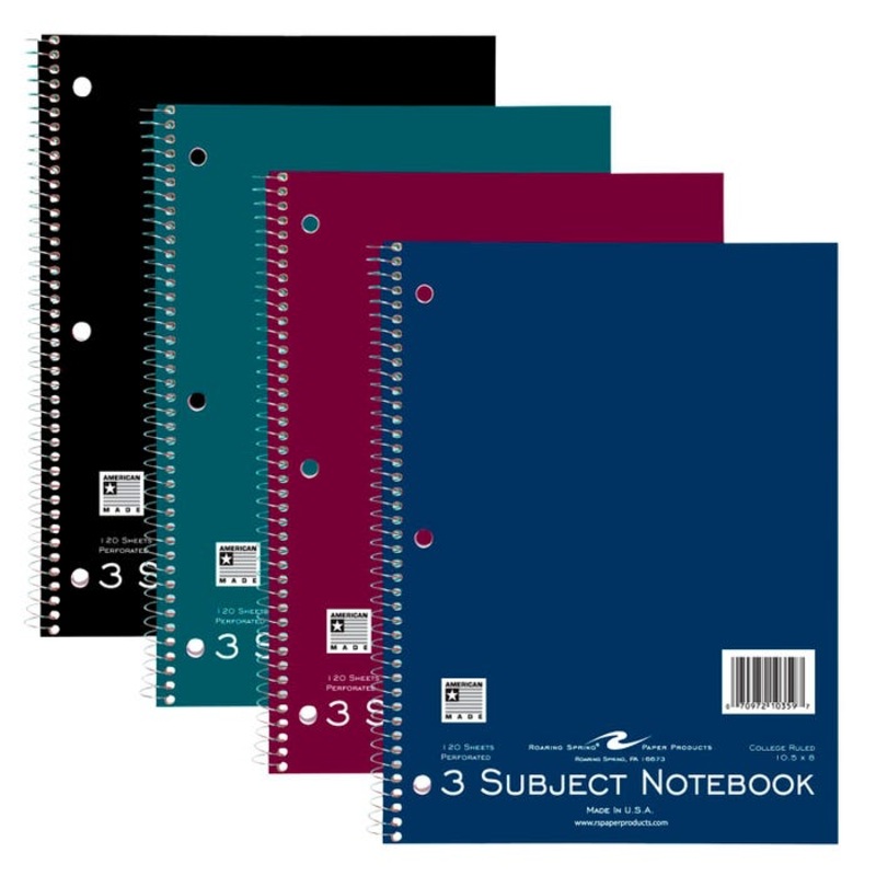 Roaring Spring 3 Subject Notebook, 10-1/2 x 8 Inches, 120 Sheets, College Ruled, Assorted Colors