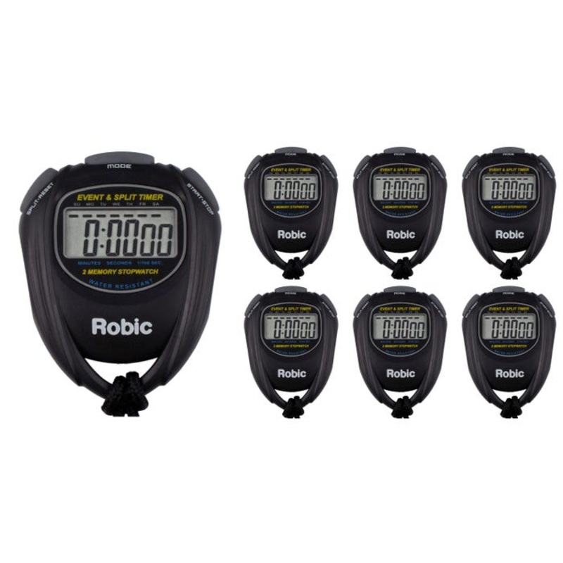 Robic 2 Split Memory Water Resistant Stopwatch, Black, Set of 7