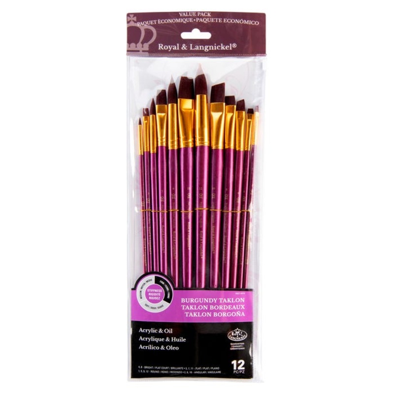 Royal & Langnickel Zip N' Close Firm Burgundy Taklon Long Wood Handle Paint Brush Set, Set of 12