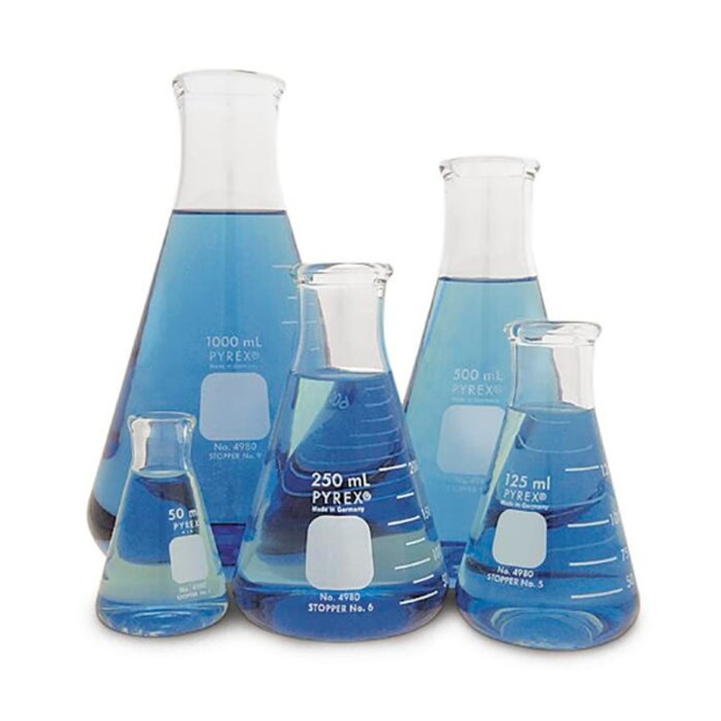 Pyrex Narrow Mouth Erlenmeyer Flasks – Assorted Sizes – Set of 5