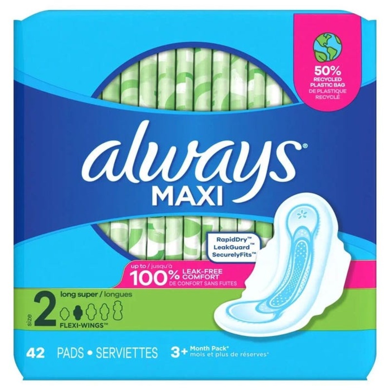 Always Maxi Pads with Flexi-Wings, Size 2, Long Super, Pack of 42