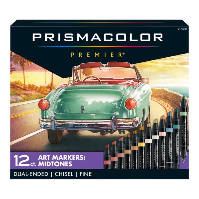 Prismacolor Premier Dual Ended Art Markers, Chisel/Fine Tip, Assorted Mid-Tone Colors, Set of 12