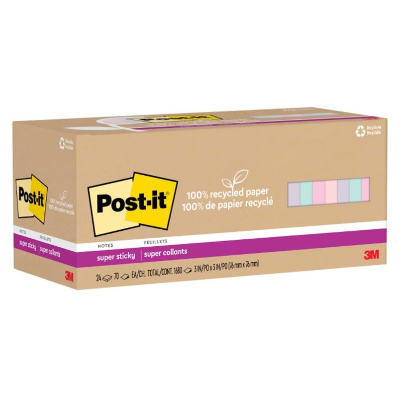 Post-it 100% Recycled Super Sticky Notes, 3 x 3 Inches, Wanderlust Pastels, 24 Pads with 70 Sheets Each