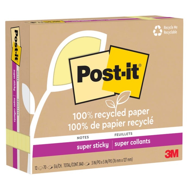 Post-it 100% Recycled Super Sticky Notes, 3 x 5 Inches, Canary Yellow, 12 Pads with 70 Sheets Each