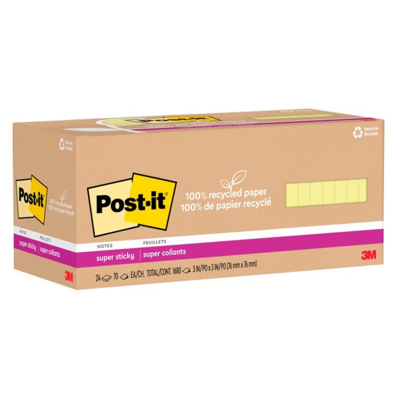 Post-it 100% Recycled Super Sticky Notes, 3×3 Inch, 24 Pads/Pack, 70 sheets/pad, Canary