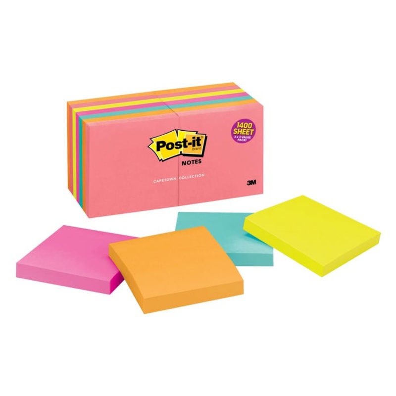 Post-it Original Notes, 3 x 3 Inches, Capetown Colors, Pad of 100 Sheets, Pack of 14