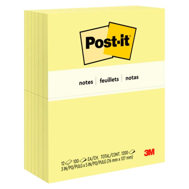 Post-it Original Plain Notes, 3 x 5 Inches, Canary Yellow, Pack of 12