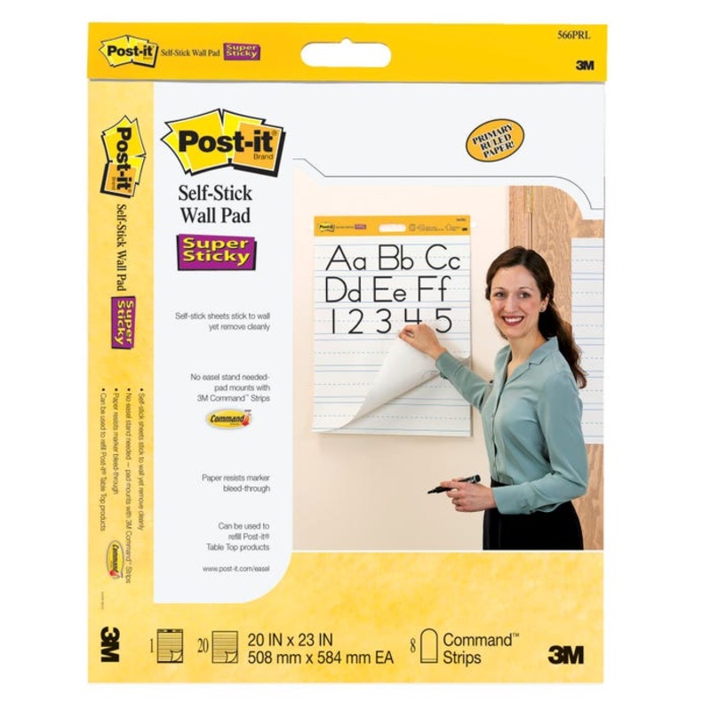 Post-it Self-Stick Wall Pads, 20 x 23 Inches, Primary Ruled, White, 20 Sheets, Pack of 2