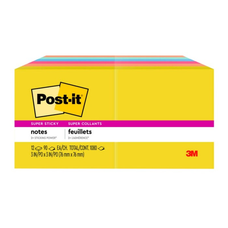 Post-it Super Sticky Notes, 3 x 3 Inches, Summer Joy, 12 Pads per Pack, 90 Sheets per Pad