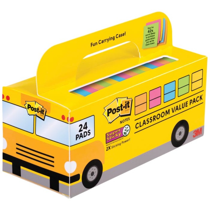 Post-it Super Sticky Notes Bus Pack, 3 x 3 Inches, Assorted, Pack of 24