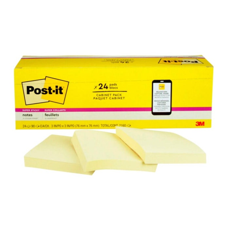 Post-it Super Sticky Notes Cabinet Pack, 3 x 3 Inches, Canary Yellow, Pad of 90 Sheets, Pack of 24