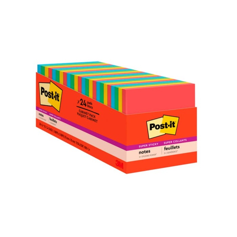 Post-it Super Sticky Notes Cabinet Pack, 3 x 3 Inches, Playful Primaries, Pad of 70 Sheets, Pack of 24