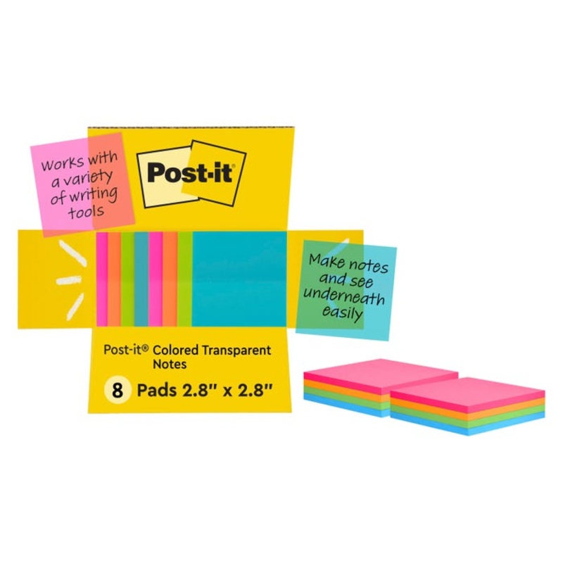 Post-it Transparent Notes, 2-4/5 x 2-4/5 Inches, Assorted Colors, 36 Sheets/Pad, Pack of 8