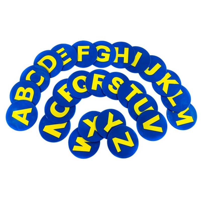 Poly Enterprises Alphabet Spots, 9 Inches, Poly Molded Vinyl, Blue, Set of 26
