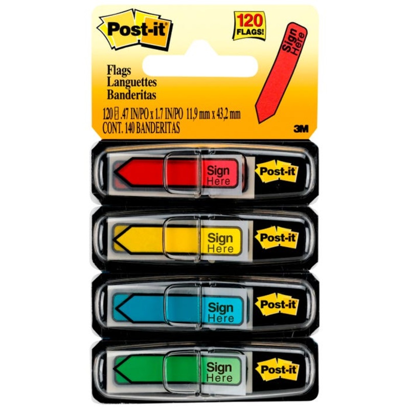 Post-it 'Sign Here' Message Flags, 1/2 x 1-7/10 Inches, Red, Yellow, Green, Blue, 30 Flags per Color, Pack of 120