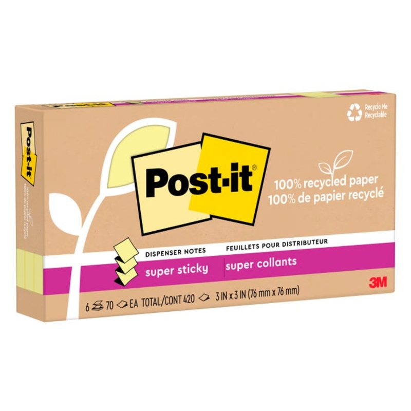 Post-it 100% Recycled Super Sticky Dispenser Notes, Canary, 3×3 Inches, 6 Pack, 70 Sheets per Pad,