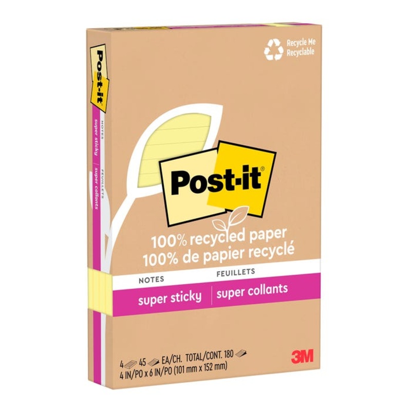 Post-it 100% Recycled Super Sticky Line Notes, Canary, 4×6 in, 4 Pack, 45 Sheets per Pad