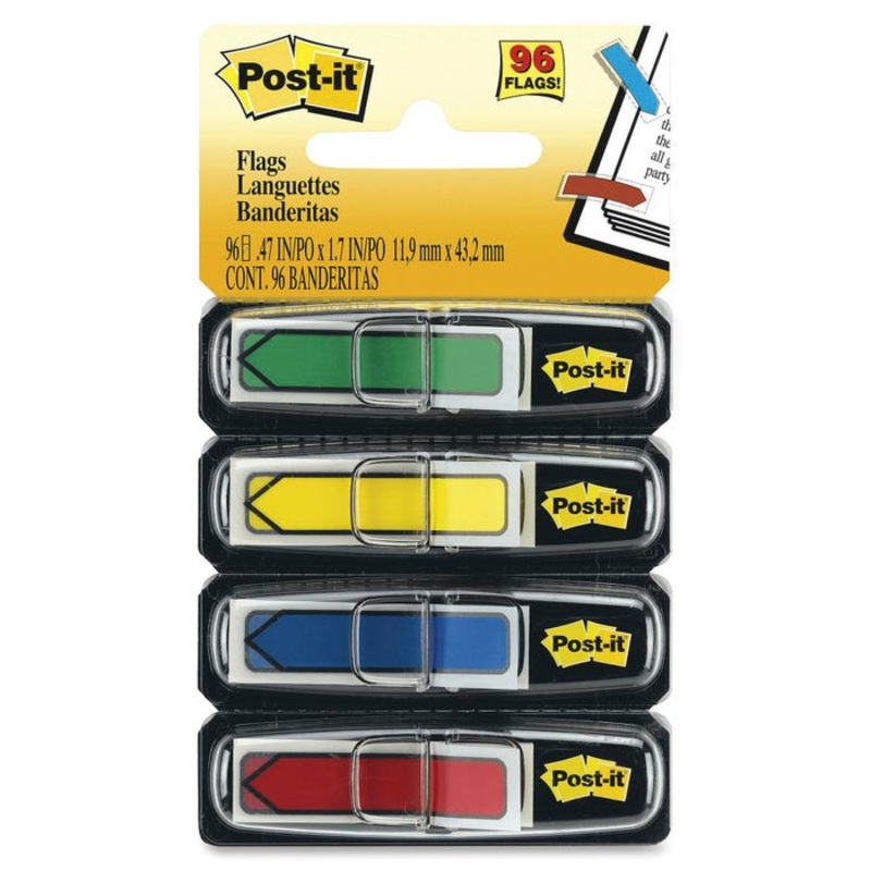 Post-it Arrow Flags, 1/2 x 1-7/10 Inches, Red, Yellow, Green, Blue, 24 Flags per Color, Pack of 96