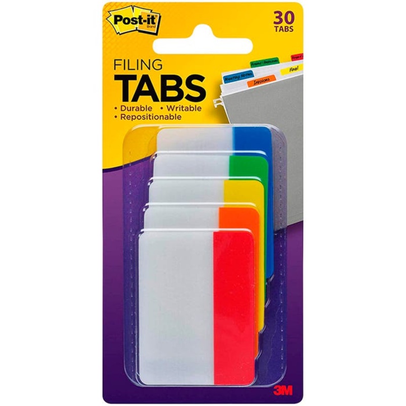 Post-it Filing Tabs, 2 Inches, Flat, Assorted Primary Colors, Set of 30