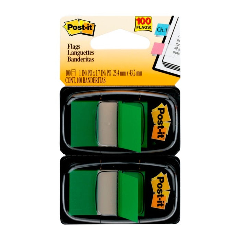 Post-it Flags in Dispenser, 1-3/4 x 1 Inch, Green, 50 Flags per Dispenser, 2 Dispensers, Pack of 100