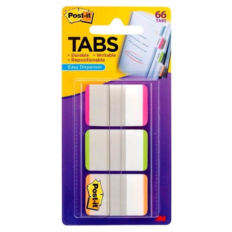 Post-it Lined Tabs, 1 x 1-7/10 in, Pink, Green, Orange, 22 Tabs per Color, Pack of 66