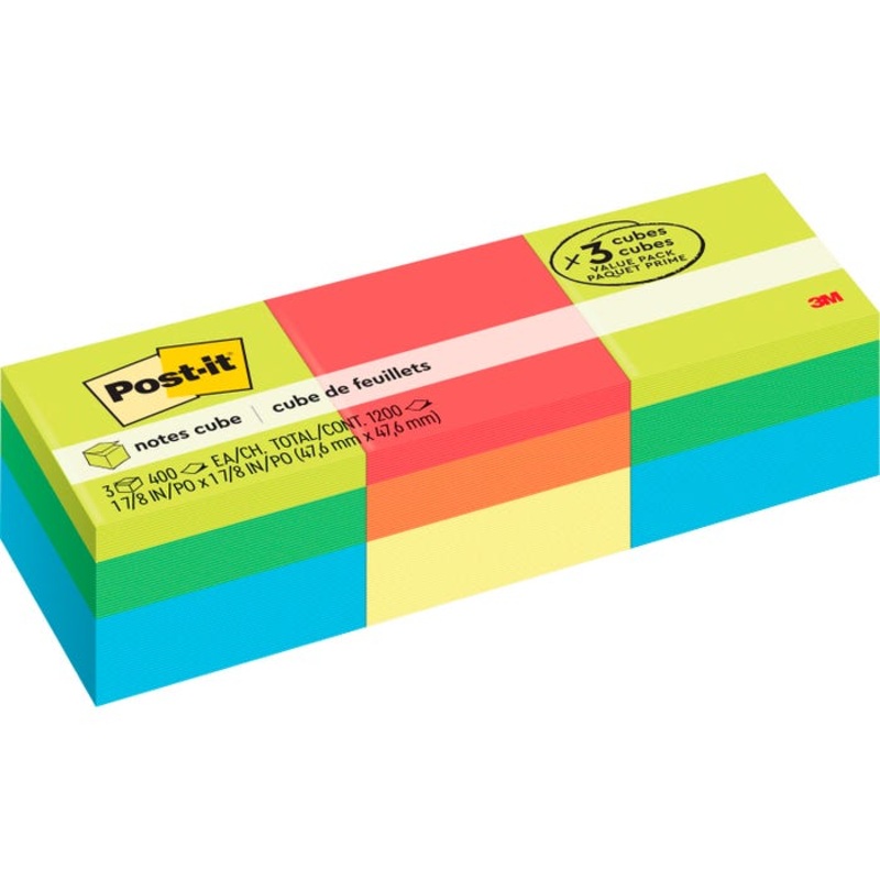 Post-it Note Cube, 2 x 2 Inches, Green Wave Colors, Cube of 400 Sheets, Pack of 3