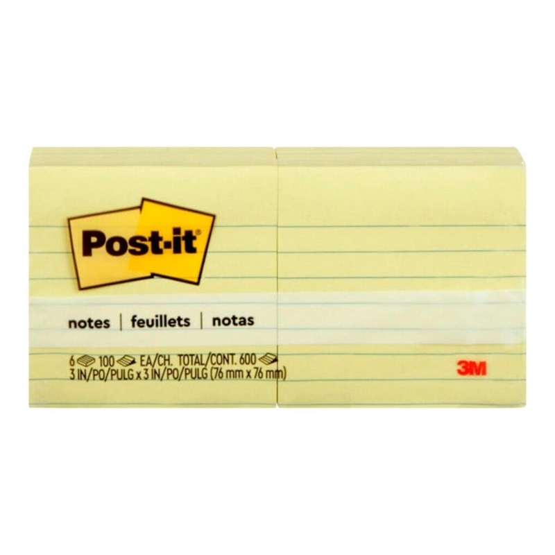 Post-it Notes, 3 x 3 Inches, Canary Yellow, Lined, 6 Pads per Pack