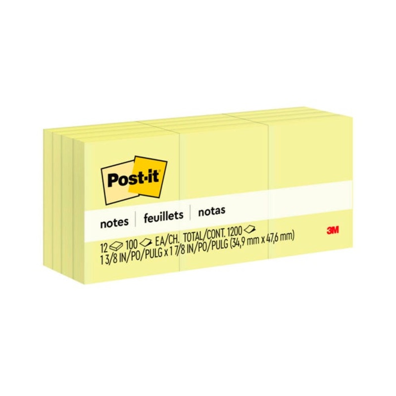 Post-it Original Plain Notes, 1-1/2 x 2 Inches, Canary Yellow, Pack of 12