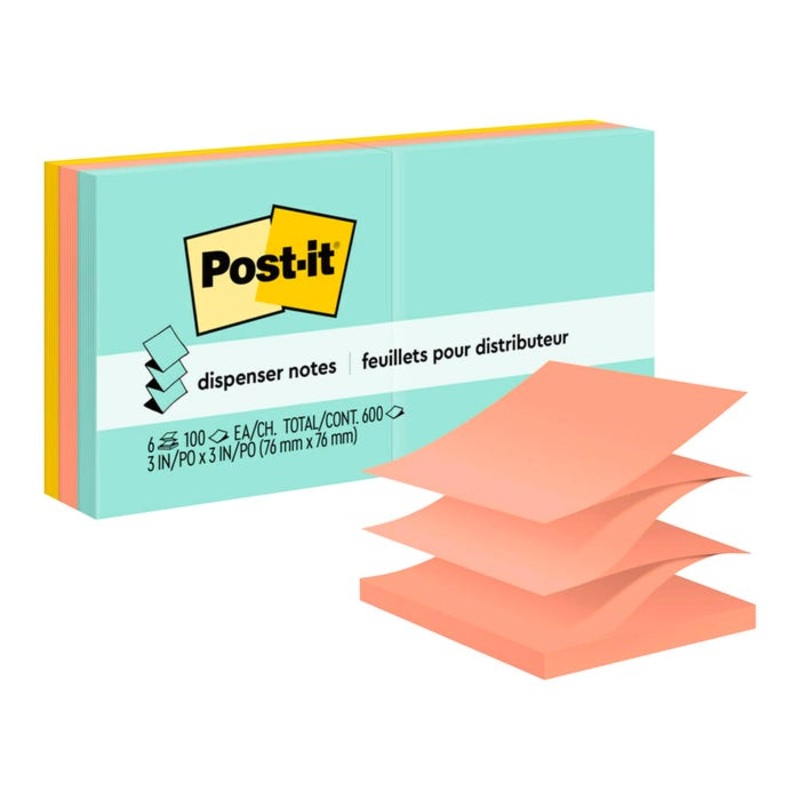 Post-it Pop-Up Original Notes, 3 x 3 Inches, Beachside Caf, Pad of 90 Sheets, Pack of 6